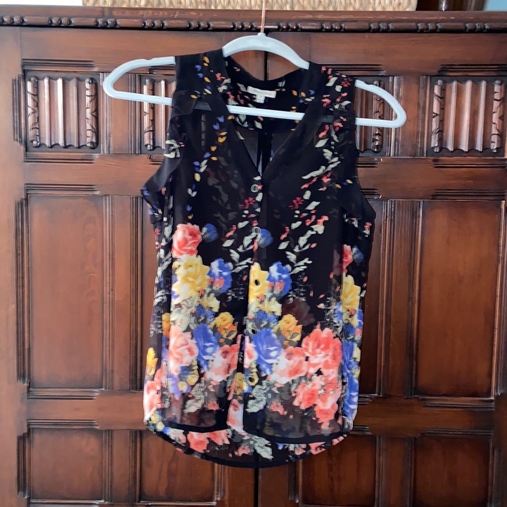 Sheer button front blouse, floral on black background